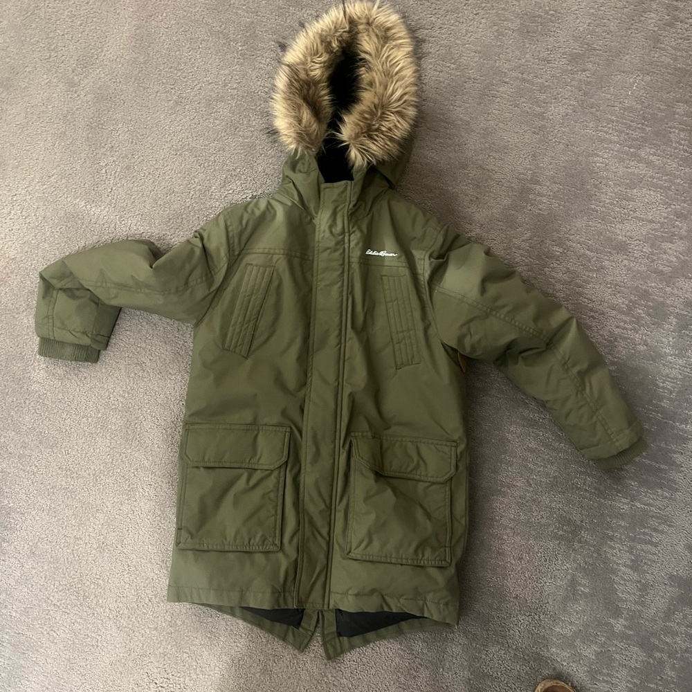 Boys •DOWN• olive green • sz.L Eddie Bauer parka * fleece lining * faux fur trim